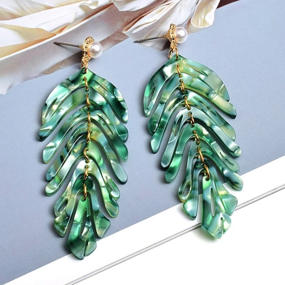 Beautiful Acrylic Green Leaf Earrings - Picture 3 of 4